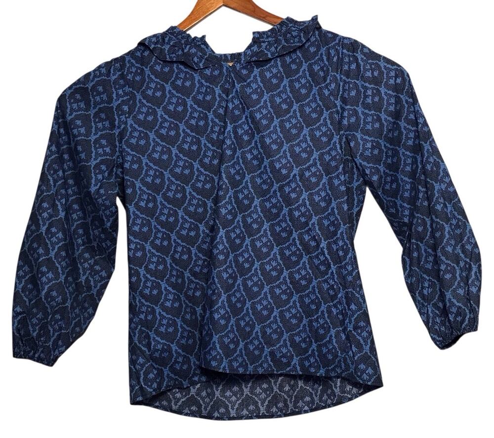 Washco Blue Cotton Ruffle Long Sleeve Folk Blouse Heritage Floral Size XL